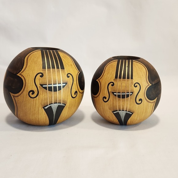 Set of 2 Round Violin Tea Light Candle‎ Holders Hollow Ceramic Orchestra Music - Picture 1 of 10